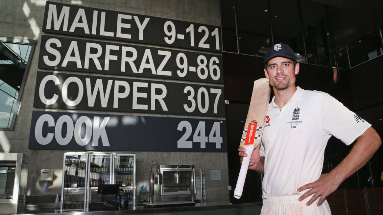 Alastair Cook poses with his name up on the wall at the MCG's Percy Beames Bar, Australia v England, 4th Test, Melbourne, 5th day, December 30, 2017