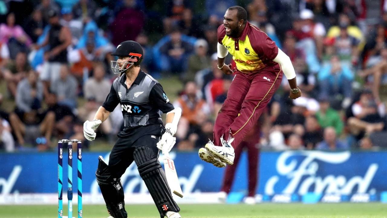 Ashley Nurse is fired up after taking out Tom Bruce, New Zealand v West Indies, 2nd T20I, Mount Maunganui, January 1, 2018