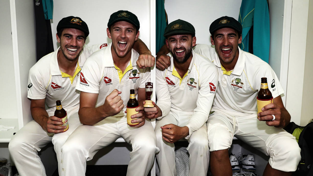 Pat Cummins, Josh Hazlewood, Nathan Lyon and Mitchell Starc celebrate Australia's Ashes win, Australia v England, 3rd Test, Perth, 5th day, December 18, 2017