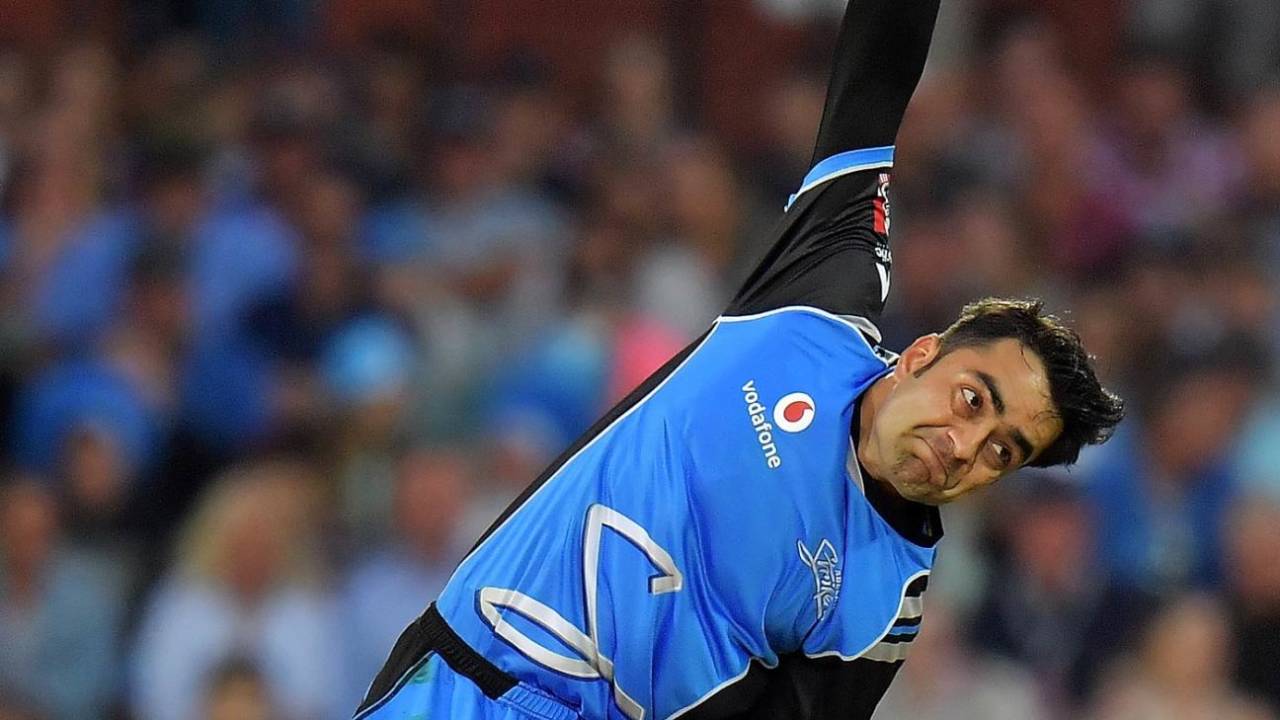 Rashid Khan delivers the ball, Adelaide Strikers v Melbourne Stars, BBL 2017-18, Adelaide, January 9, 2018