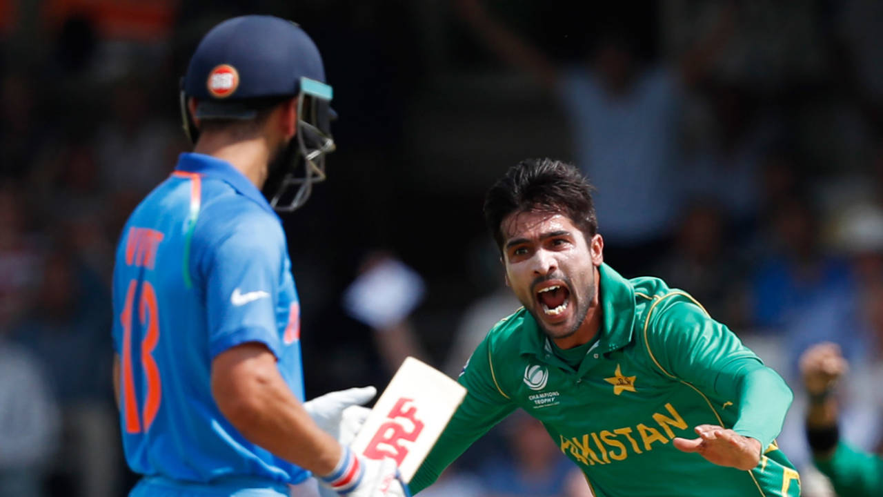 Delight and disappointment: Mohammad Amir dismissed Virat Kohli, India v Pakistan, Final, Champions Trophy 2017, The Oval, London, June 18, 2017