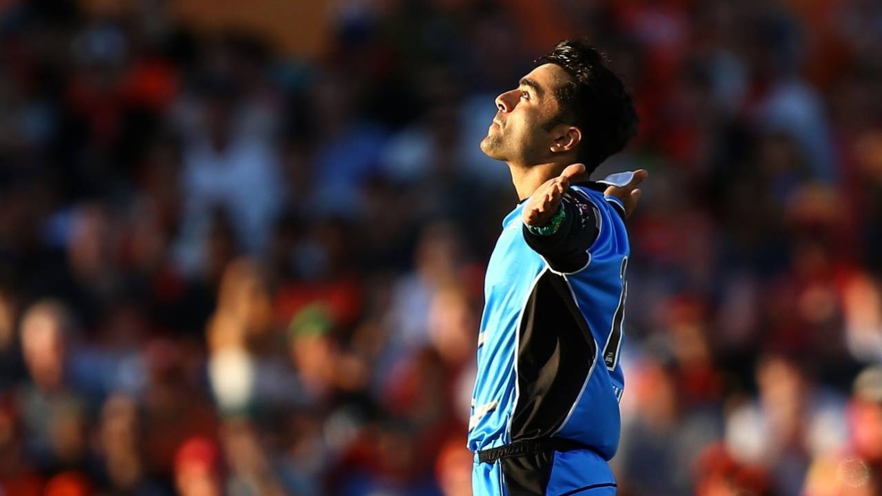 Rashid Khan celebrates after dismissing Hilton Cartwright, Perth Scorchers v Adelaide Strikers, BBL 2017-18, Perth, January 25, 2018
