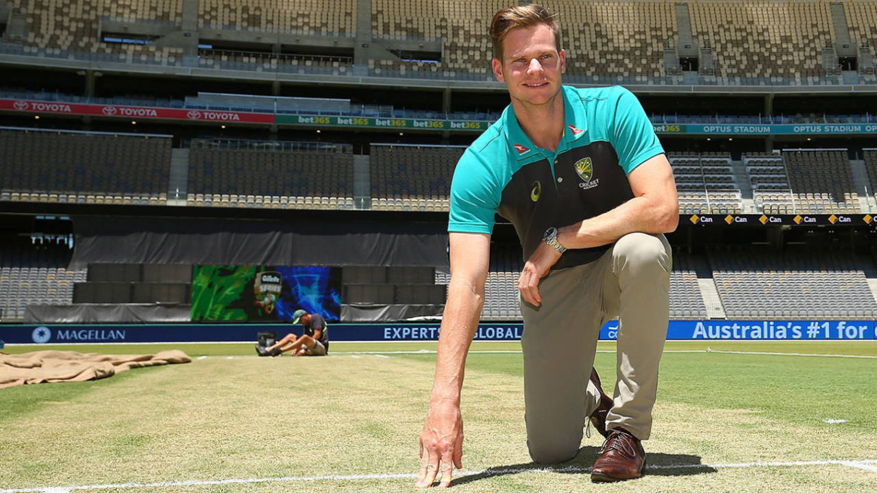Steven Smith inspects the pitch at the new Perth Stadium, Perth, January 27, 2018