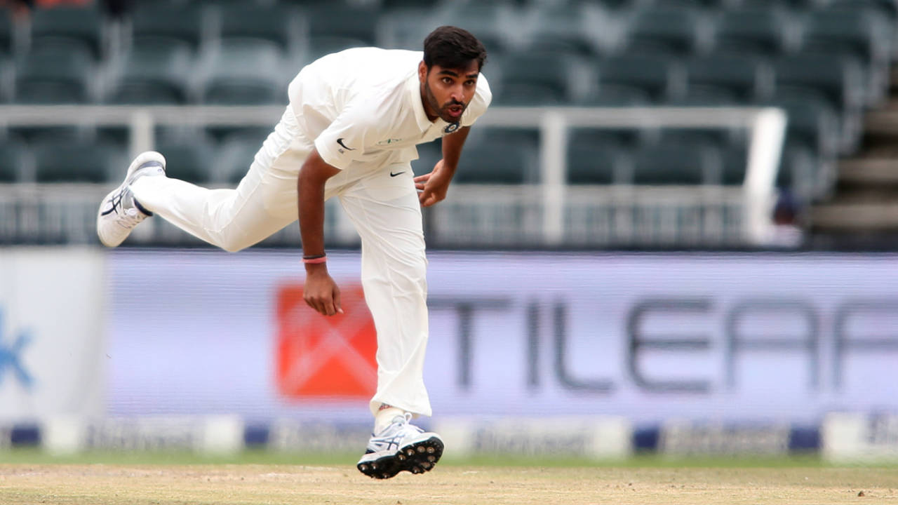 Bhuvneshwar Kumar in his follow through, South Africa v India, 3rd Test, Johannesburg, 4th day, January 27, 2018