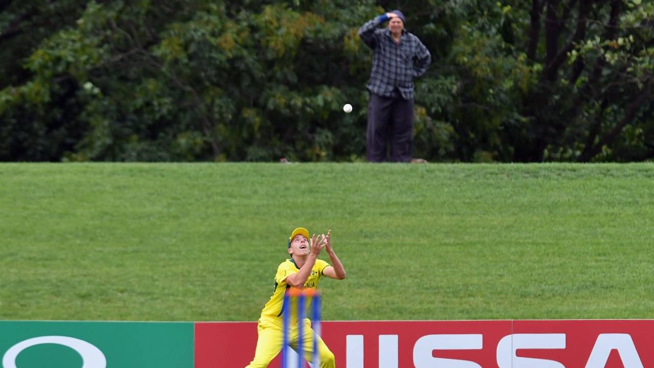A spectator looks on as Ryan Hadley prepares to complete a catch, Australia v Afghanistan, U-19 World Cup semi-final, Christchurch, January 29, 2018