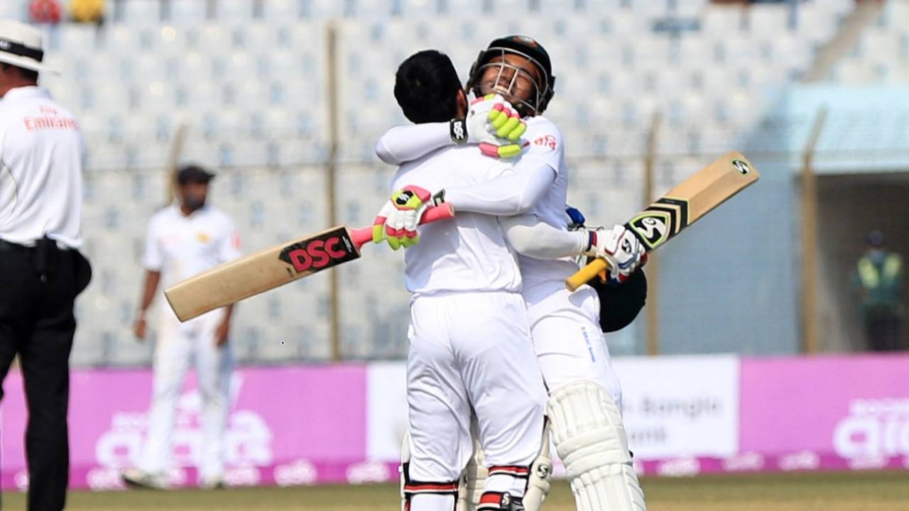 Mushfiqur Rahim hugs Mominul Haque after the latter reached his century, Bangladesh v Sri Lanka, 1st Test, Chittagong, 1st day, January 31, 2018