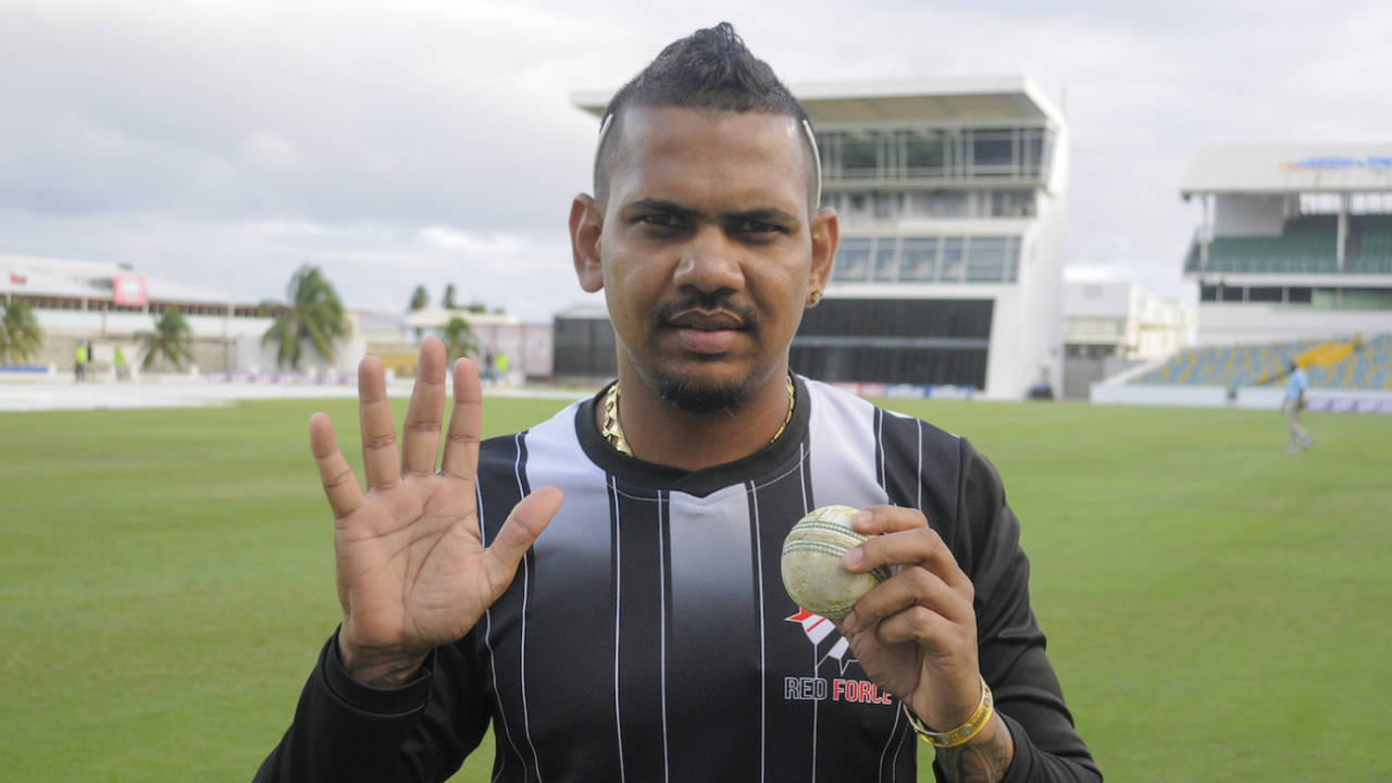 Sunil Narine finished with 5 for 10, Combined Campuses and Colleges v Trinidad & Tobago, Regional Super50, Group A, Cave Hill, February 1, 2018
