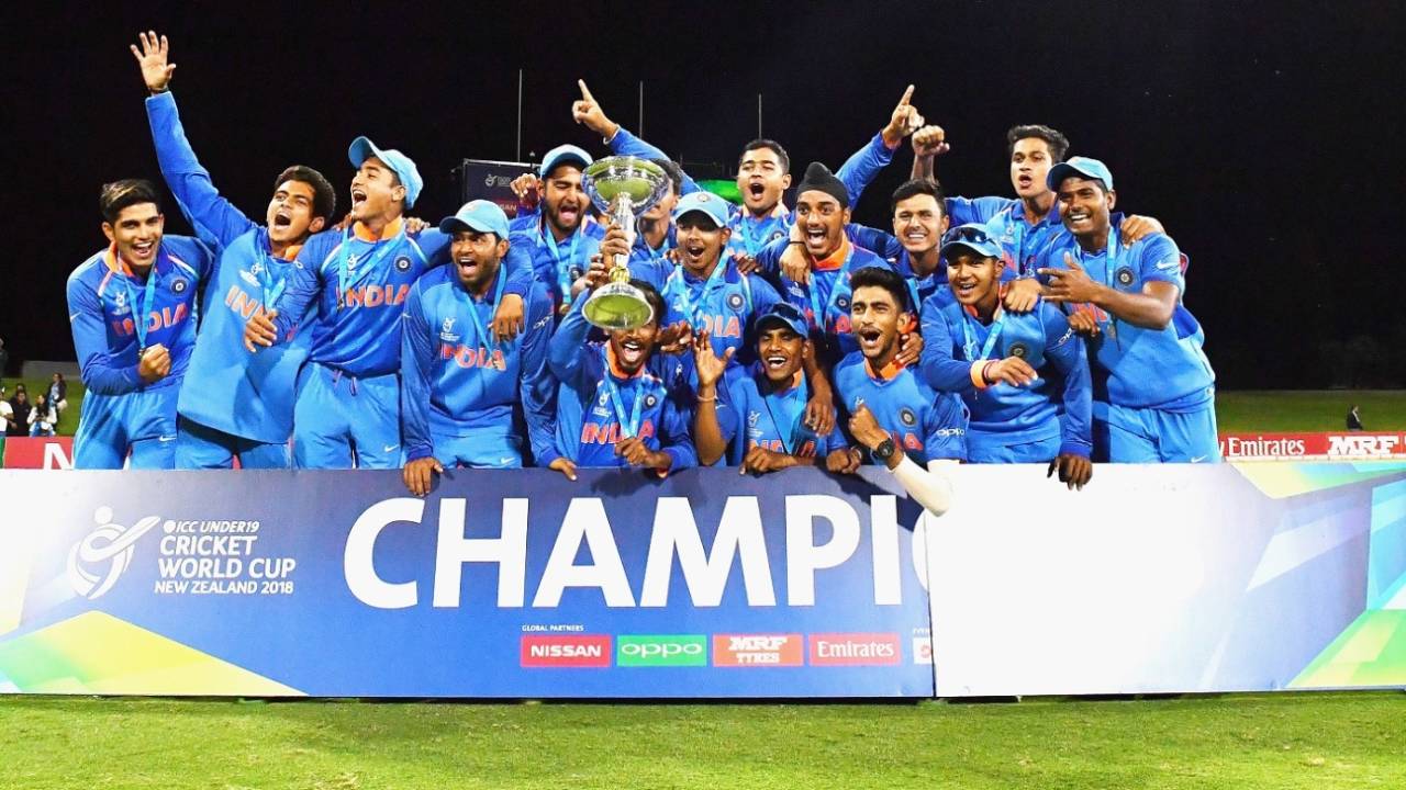 The victorious Indian team celebrate with the trophy, Australia v India, Under-19 World Cup, final, Mount Maunganui, February 3, 2018