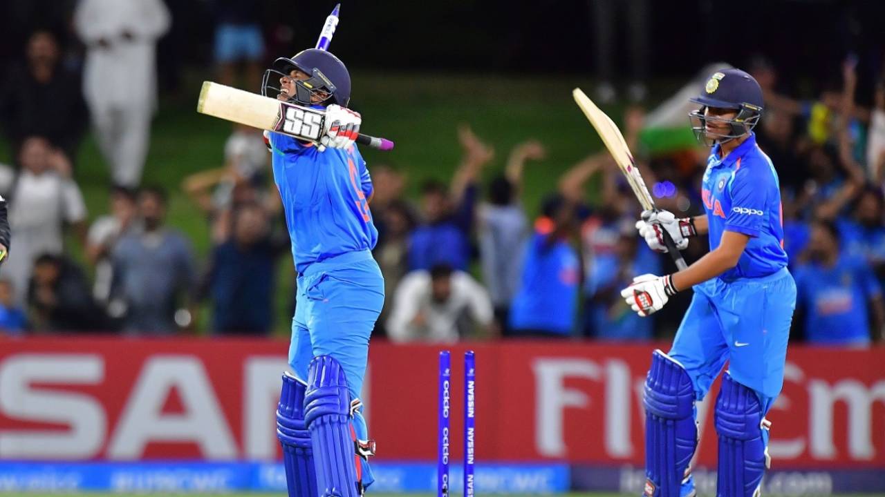Manjot Kalra and Harvik Desai celebrate India's win, Australia v India, Under-19 World Cup, final, Mount Maunganui, February 3, 2018