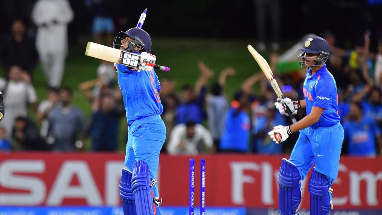 Manjot Kalra and Harvik Desai celebrate India's win, Australia v India, Under-19 World Cup, final, Mount Maunganui, February 3, 2018