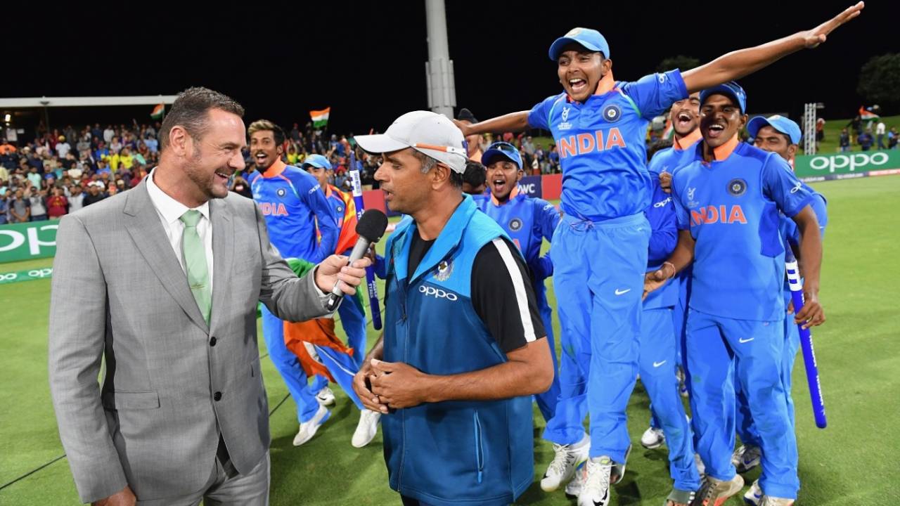 Prithvi Shaw and his team-mates celebrate as Rahul Dravid is interviewed, Australia v India, Under-19 World Cup, final, Mount Maunganui, February 3, 2018