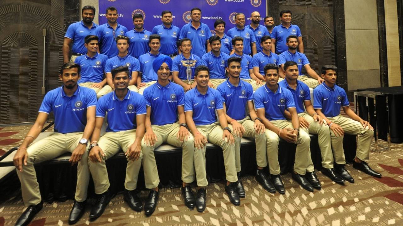 The India U-19 team pose for the press after returning to India, Mumbai, February 5, 2018