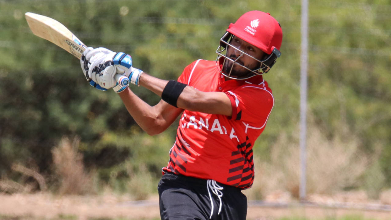 Nitish Kumar perfectly times a reverse pull for six over backward square leg, Canada v Oman, ICC World Cricket League Division Two, Windhoek, February 8, 2018