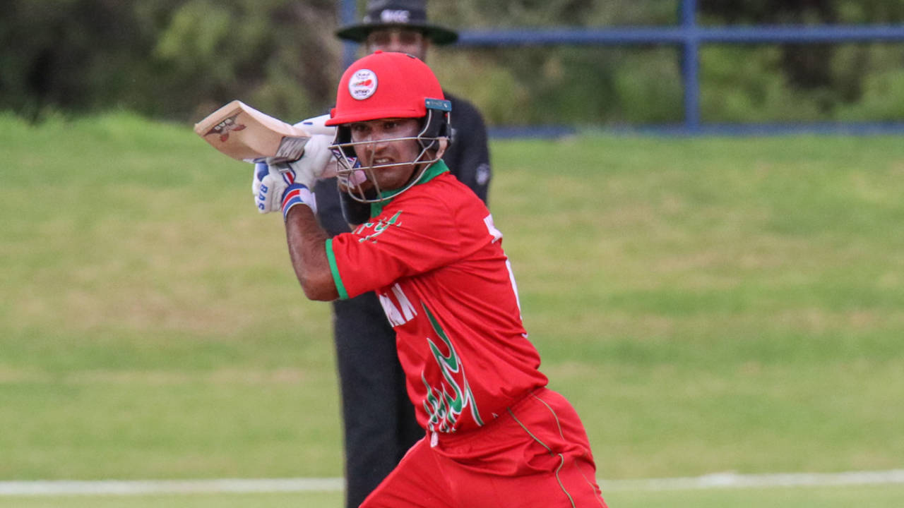 Vaibhav Wategaonkar drives through the off side during his unbeaten knock, Nepal v Oman, ICC World Cricket League Division Two, Windhoek, February 9, 2018