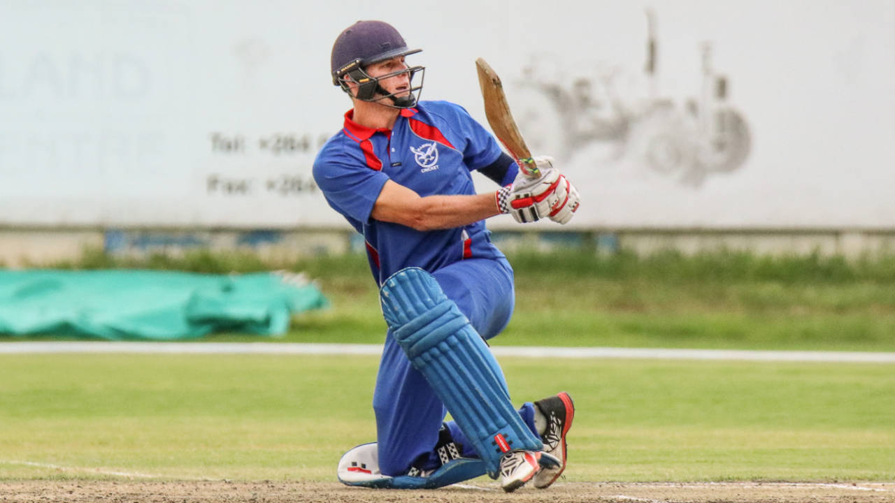 Gerhard Erasmus gambled successfully in the final over with a scoop over fine leg for four, Namibia v Oman, ICC World Cricket League Division Two, Windhoek, February 11, 2018