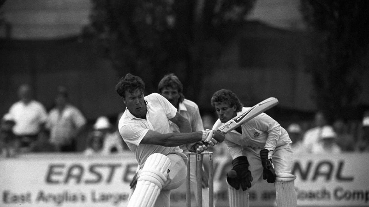 Derek Pringle sweeps, Essex v Worcestershire, third day, County Championship, August 8, 1989