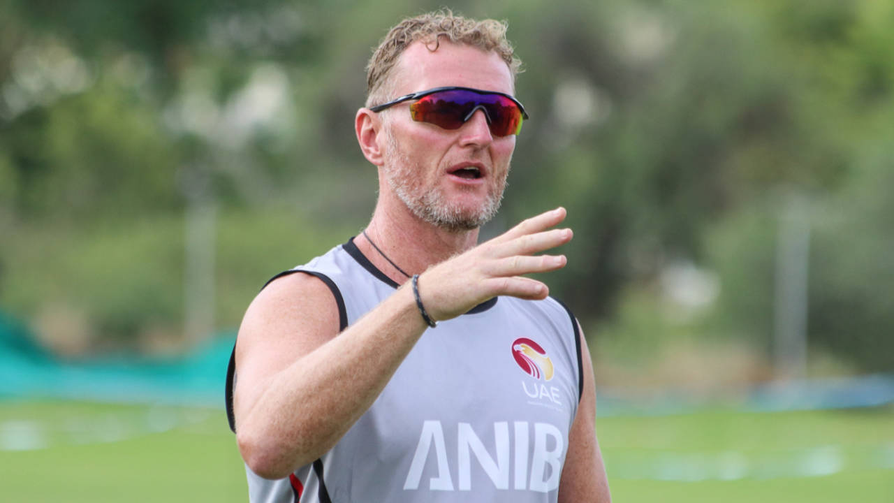 Coach Dougie Brown gives instructions to his squad ahead of a warm-up drill, Nepal v UAE, ICC World Cricket League Division Two, Windhoek, February 11, 2018