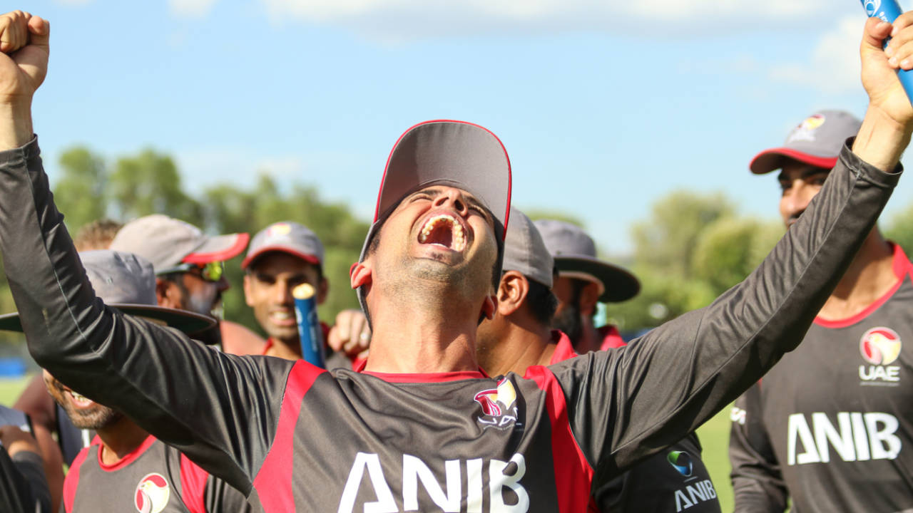 UAE captain Rohan Mustafa lets out a victory scream after winning WCL Division Two&nbsp;&nbsp;&bull;&nbsp;&nbsp;Peter Della Penna
