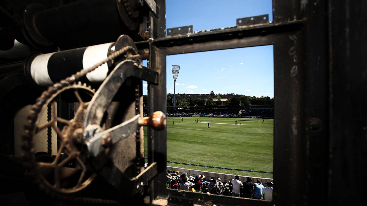 A view of the Manuka Oval from inside the Jack Fingleton scoreboard, Canberra, November 19, 2014