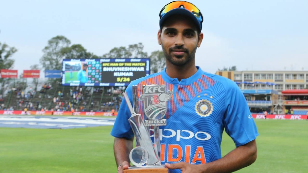 Bhuvneshwar Kumar was named Man of the Match for his five wickets, South Africa v India, 1st T20I, Johannesburg, February 18, 2018