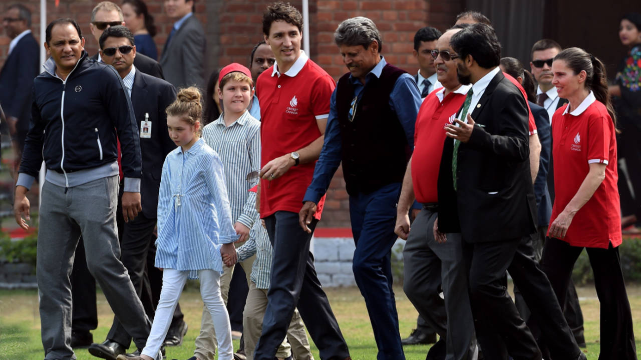 Canadian Prime Minister Justin Trudeau join former India captains Mohammad Azharuddin and Kapil Dev at an event, New Delhi, February 22, 2018