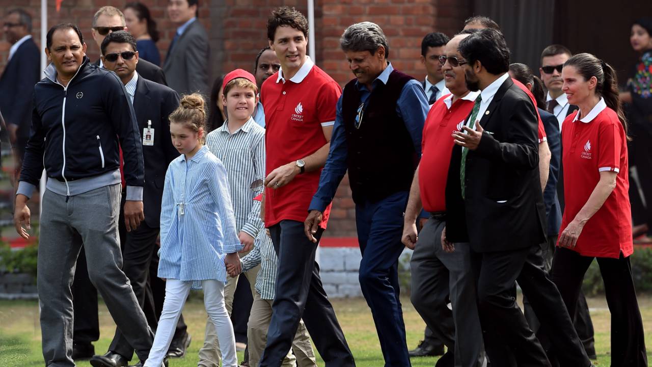 Canadian Prime Minister Justin Trudeau join former India captains Mohammad Azharuddin and Kapil Dev at an event, New Delhi, February 22, 2018