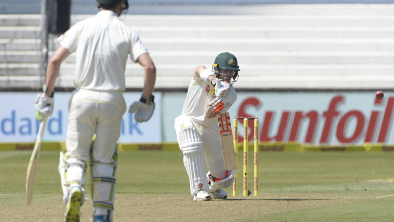 David Warner gets forward against the new ball, South Africa v Australia, 1st Test, Durban, 1st day, March 1, 2018