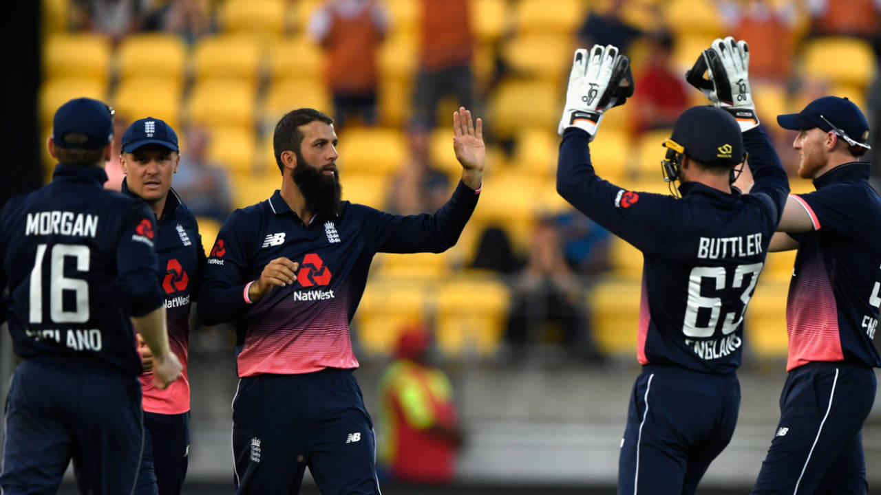 Moeen Ali celebrates a wicket, New Zealand v England, 3rd ODI, Wellington, 3 March, 2018