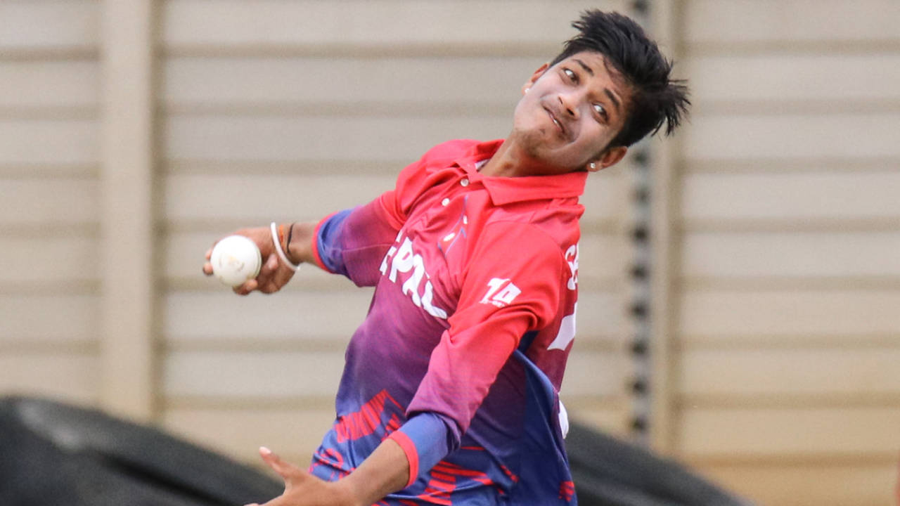 Sandeep Lamichhane bowls during his opening spell, Nepal v Oman, ICC World Cricket League Division Two, Windhoek, February 9, 2018