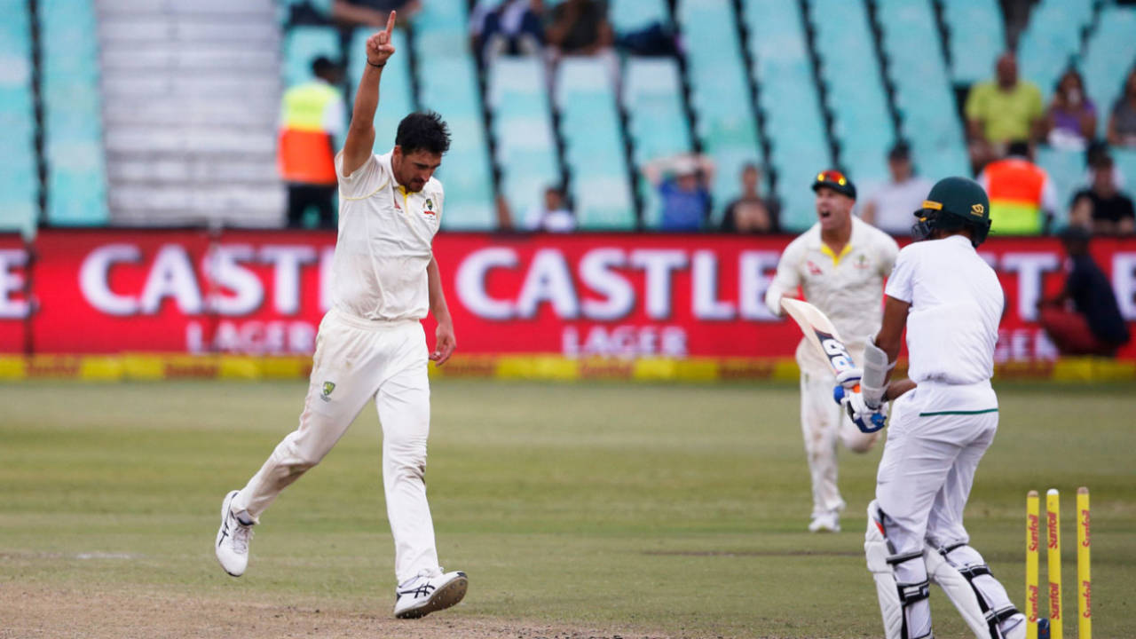 Mitchell Starc roared in to remove the tail, South Africa v Australia, 1st Test, Durban, 4th day, March 4, 2018