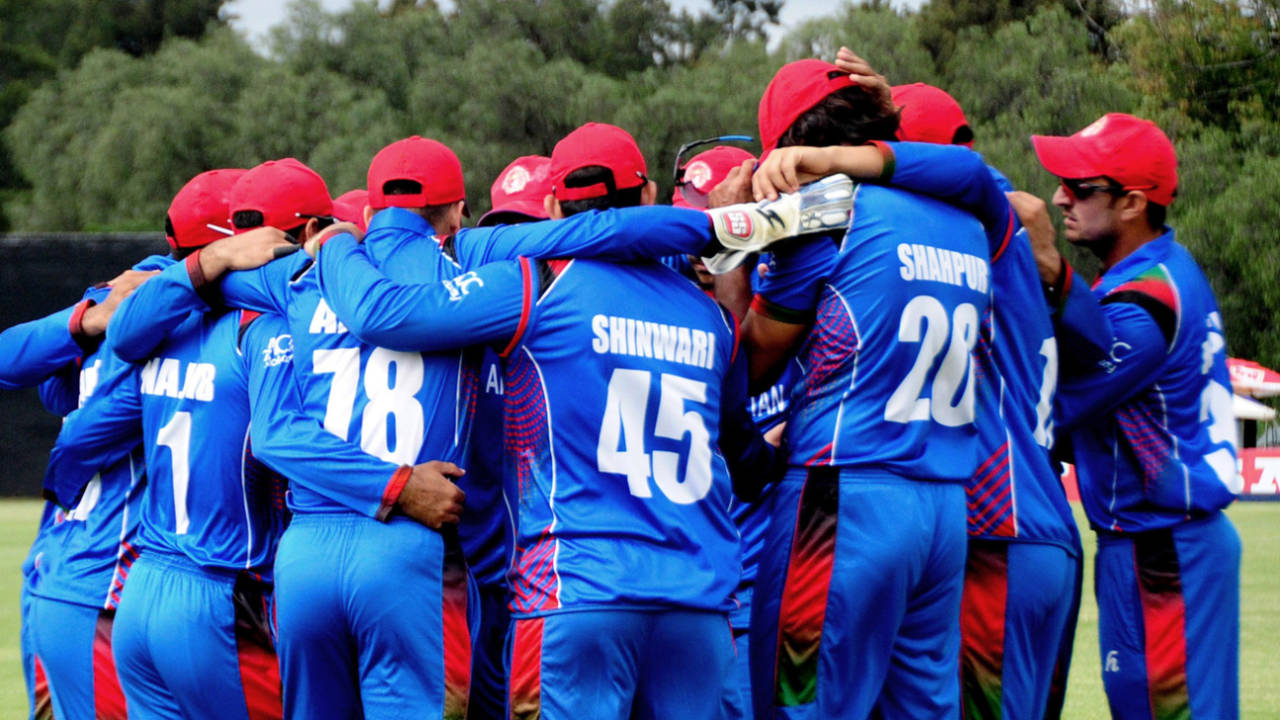 The Afghanistan players go into a huddle, Afghanistan v Nepal, ICC World Cup Qualifier 2018, Bulawayo, March 10, 2018