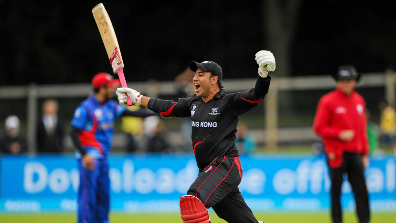 Babar Hayat leaps in joy after hitting the winning runs, Afghanistan v Hong Kong, World T20 Qualifier, 1st play-off, Dublin, July 21, 2015