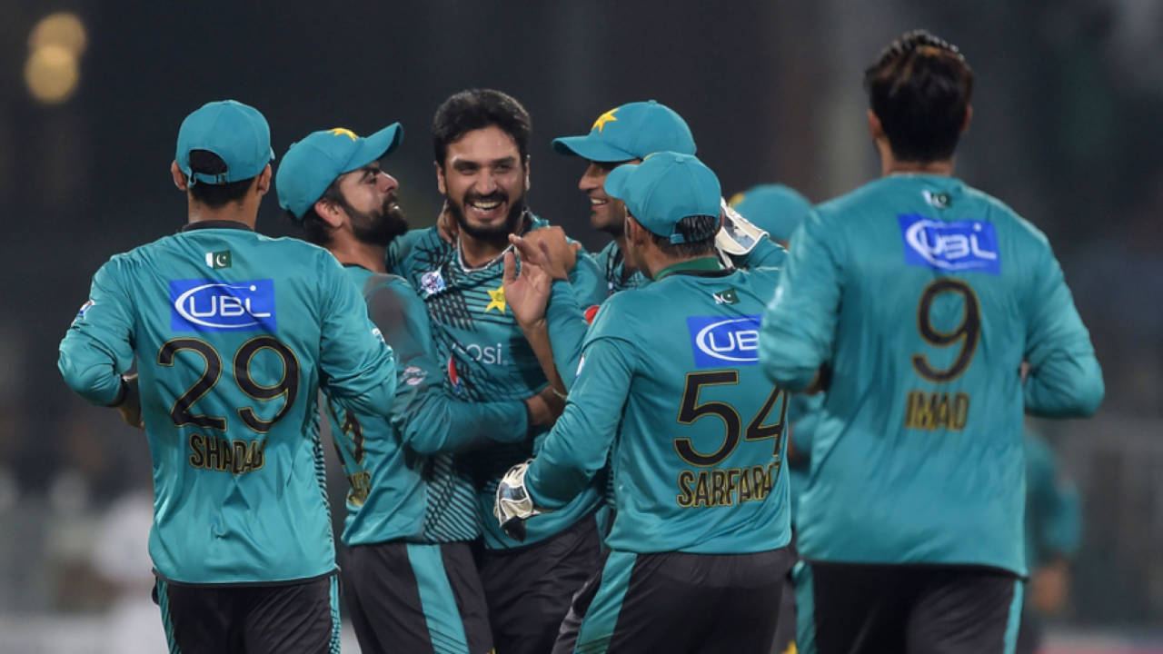 Rumman Raees is mobbed by his team-mates after he sent both the openers back in the same over, Pakistan v World XI, 1st T20I, Independence Cup 2017, Lahore, September 12, 2017
