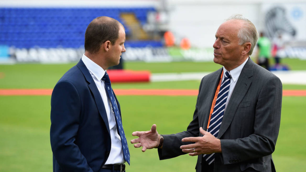 ECB chairman Colin Graves in conversation with Andrew Strauss, MD of English cricket, during the 2015 Ashes series, Cardiff, July 8, 2015