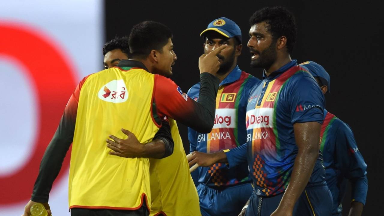 Nurul Hasan and Thisara Perera were involved in a heated exchange, Sri Lanka v Bangladesh, 6th match, Colombo, March 16, 2018