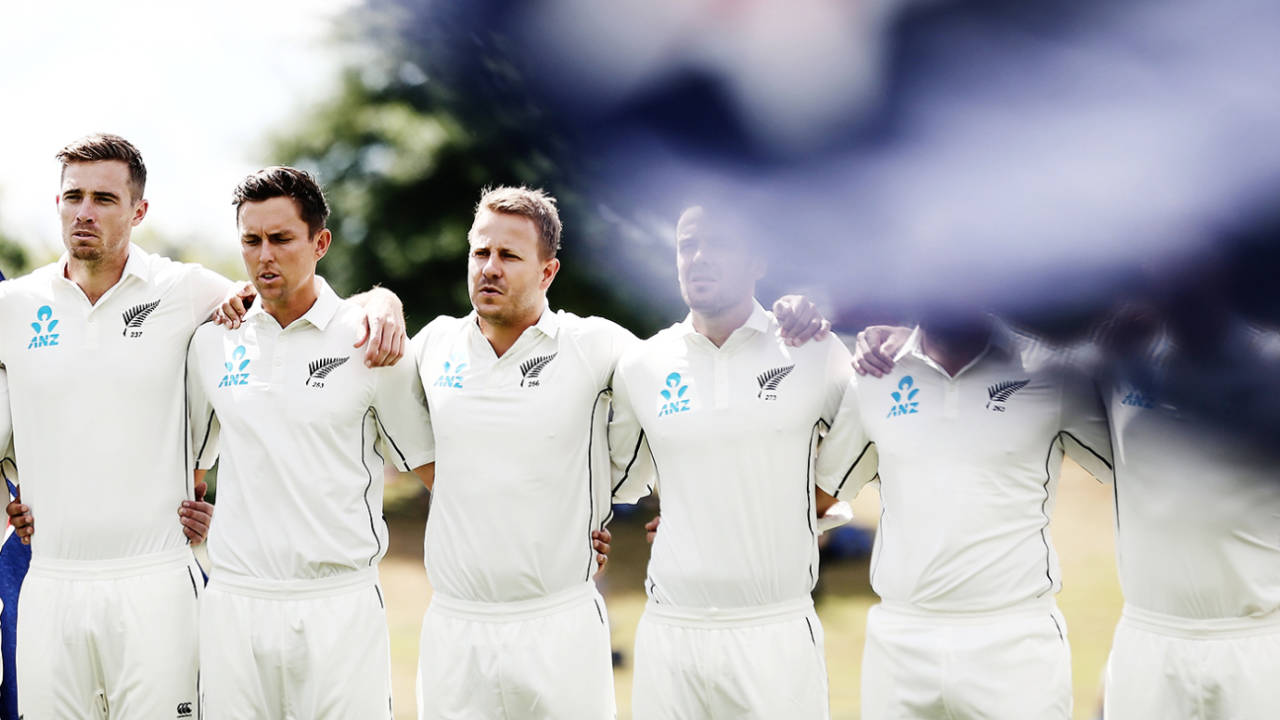 Tim Southee, Trent Boult and Neil Wagner stand for the national anthems with the rest of their team&nbsp;&nbsp;&bull;&nbsp;&nbsp;Getty Images