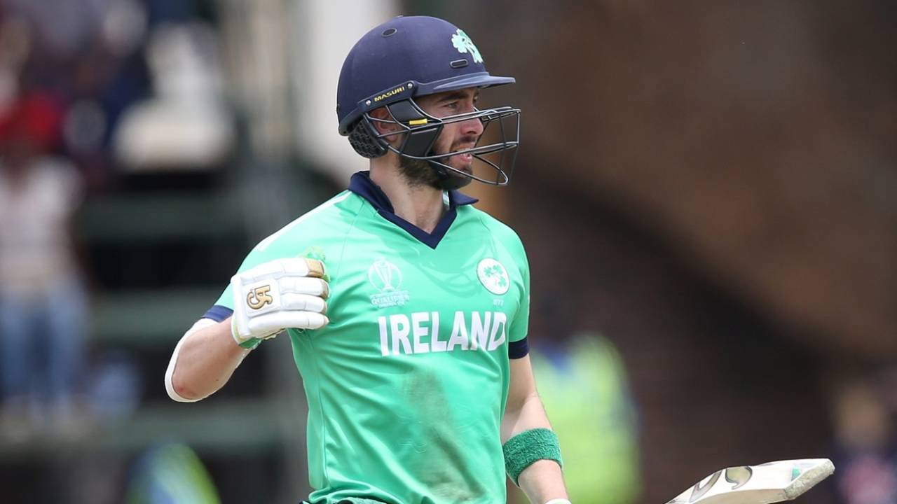 Andy Balbirnie celebrates his hundred, Ireland v Scotland, World Cup Qualifier, Super Sixes, Harare, March 18, 2018