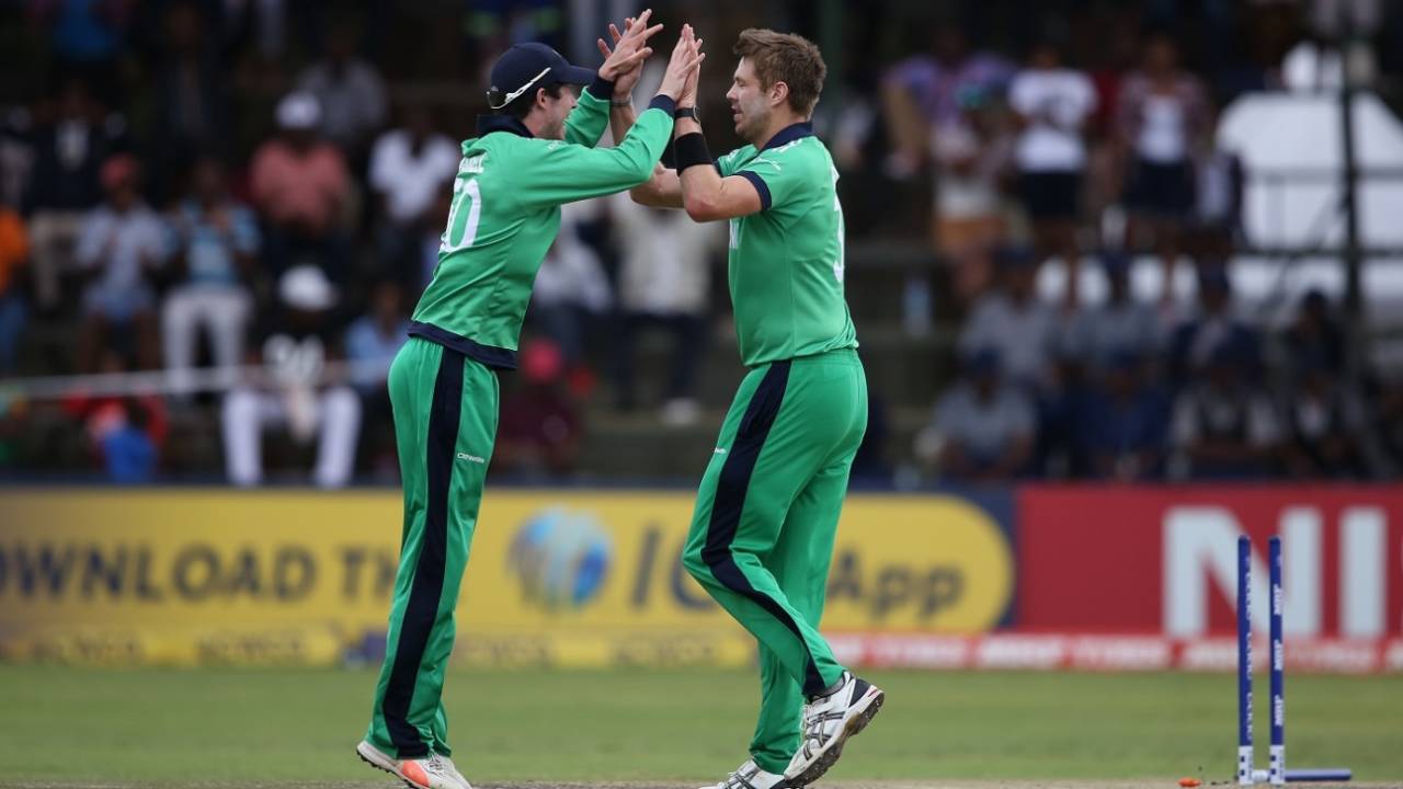 George Dockrell and Boyd Rankin get together to celebrate a wicket, Ireland v Scotland, World Cup Qualifier, Super Sixes, Harare, March 18, 2018