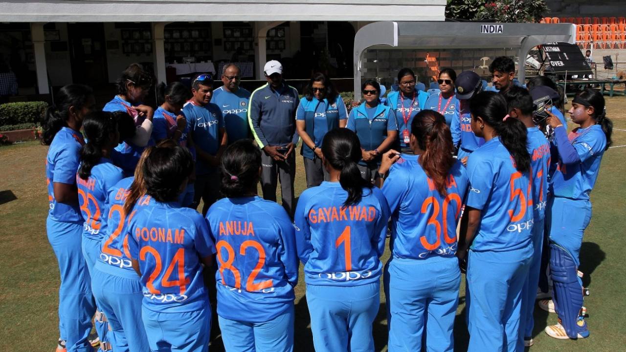 India players and staff gather into a huddle, India v Australia, Tri-Nation Women's T20 Series, Mumbai, March 22, 2018