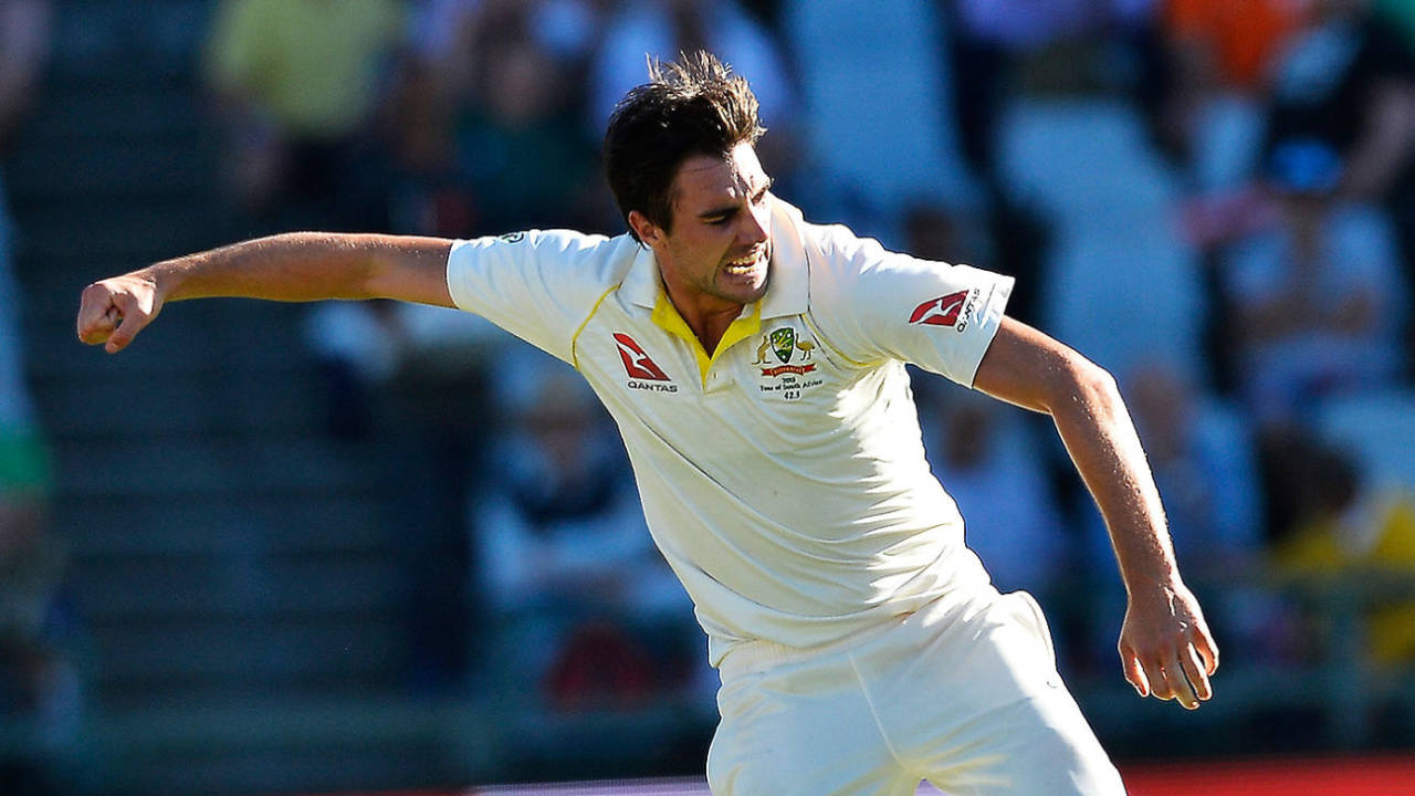 Pat Cummins celebrates the wicket of Temba Bavuma, South Africa v Australia, 3rd Test, Cape Town, 1st day, March 22, 2018