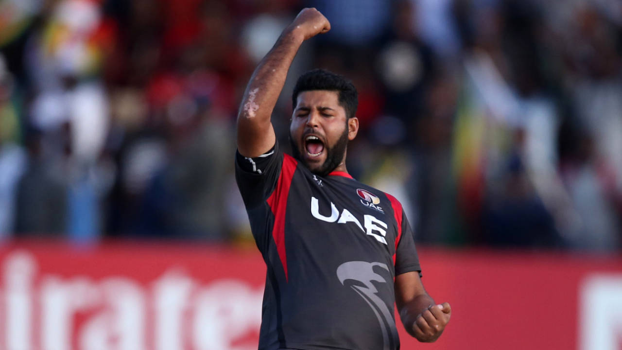 Mohammad Naveed exults after picking up a wicket, Zimbabwe v UAE, World Cup qualifier, Super Sixes, Harare, March 22, 2018