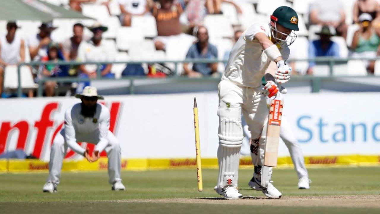 David Warner's stump goes cartwheeling, South Africa v Australia, 3rd Test, Cape Town, 2nd day, March 23, 2018