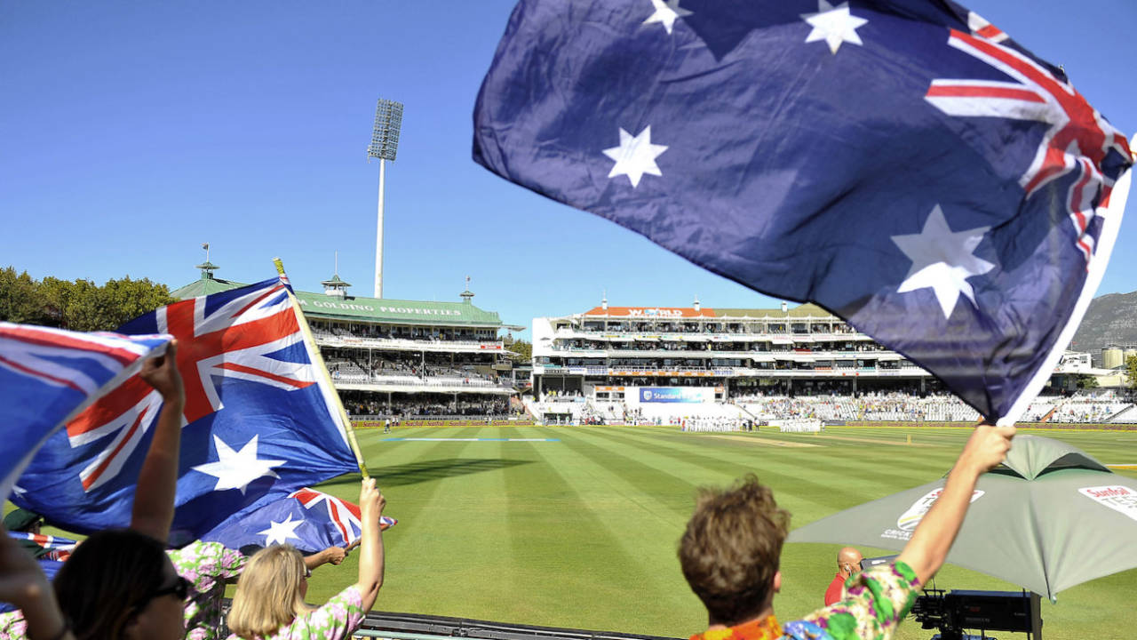 Spectators wave the Australian flag at Newlands, South Africa v Australia, 3rd Test, Cape Town, 1st day, March 22, 2018