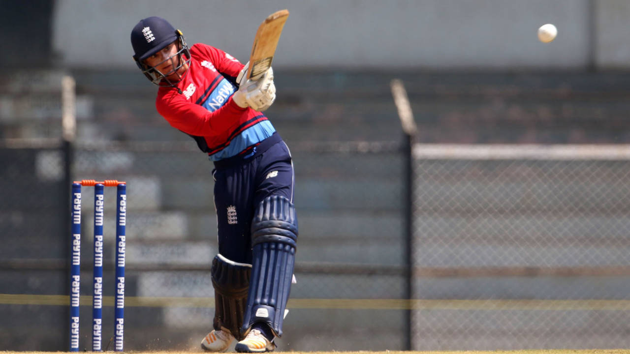 Danielle Wyatt smashes the ball away, India v England, Tri-Nation Women's T20 Series, Mumbai, March 25, 2018