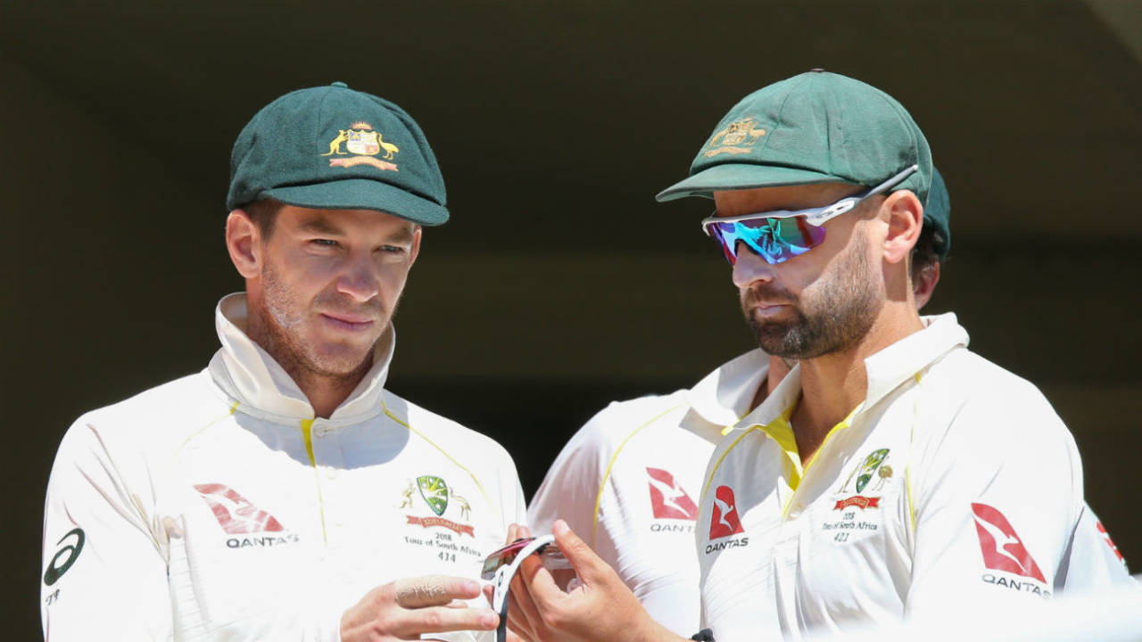 Tim Paine (left) was made Australia's acting captain after Steve Smith's role in the ball-tampering scandal, South Africa v Australia, 3rd Test, Cape Town, 4th day, March 25, 2018