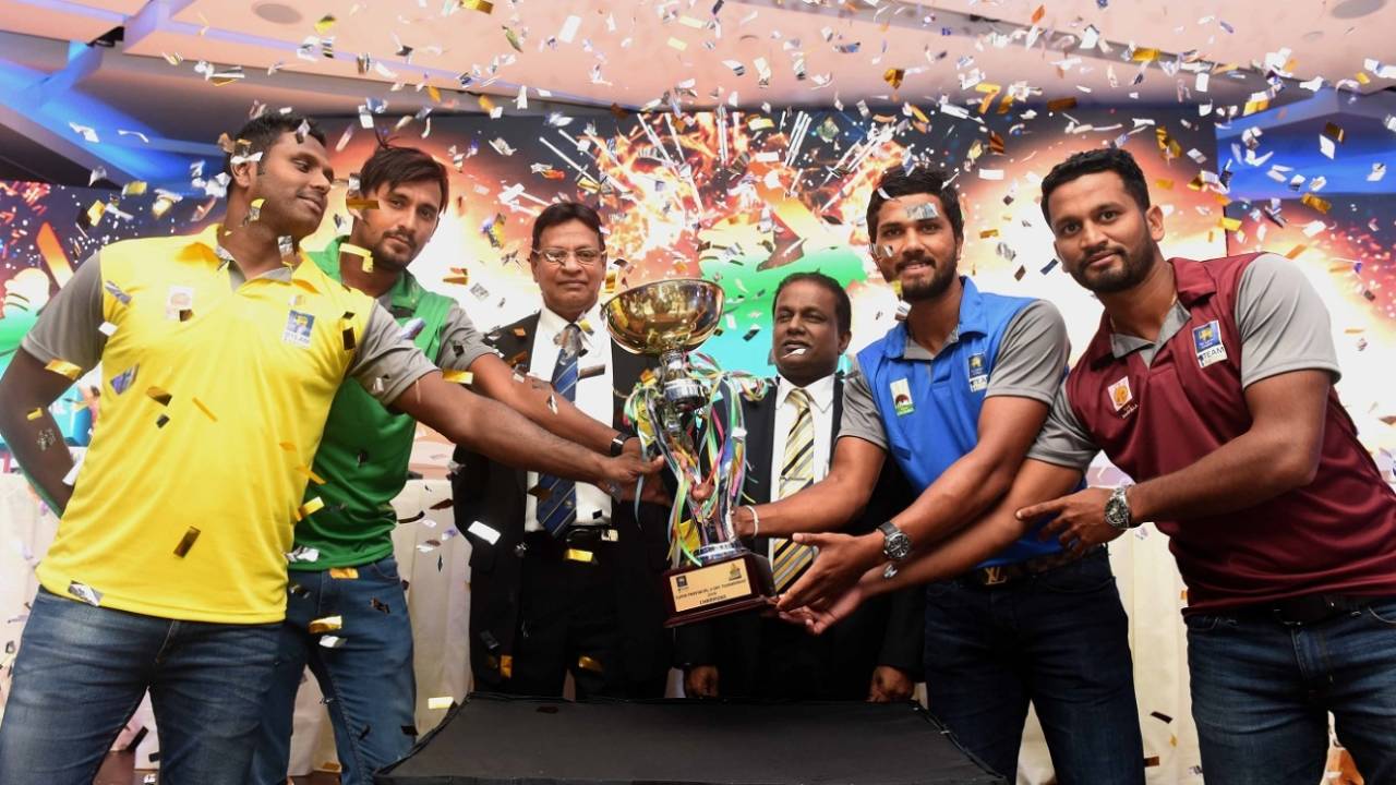 The four captains pose with the new Super Provincial Tournament trophy, Colombo, March 27, 2018