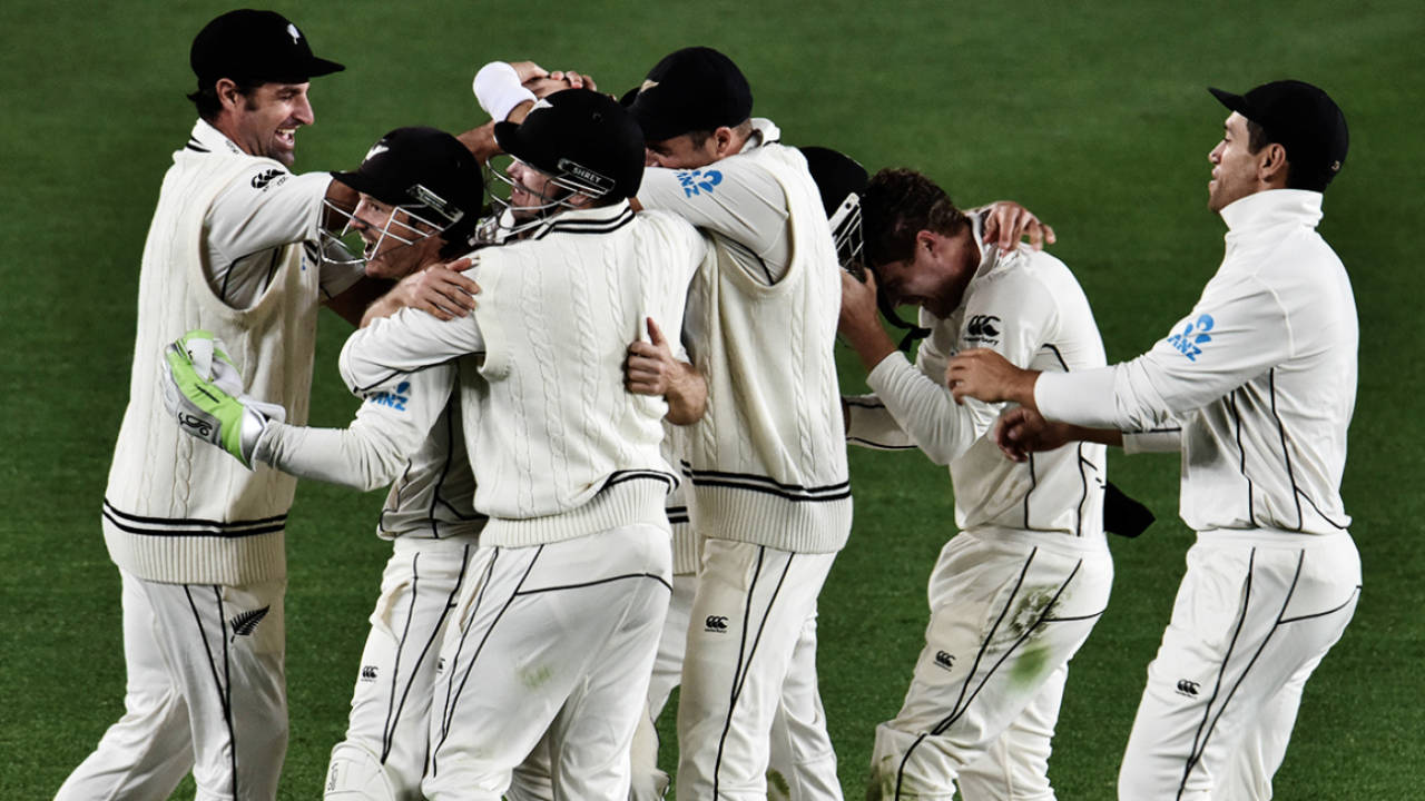 New Zealand celebrate their innings win in Auckland, New Zealand v England, 1st Test, Auckland, 5th day, March 26, 2018