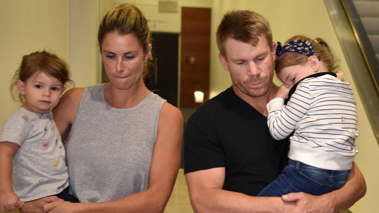 David Warner arrives in Sydney with his wife and children, Sydney, March 29, 2018