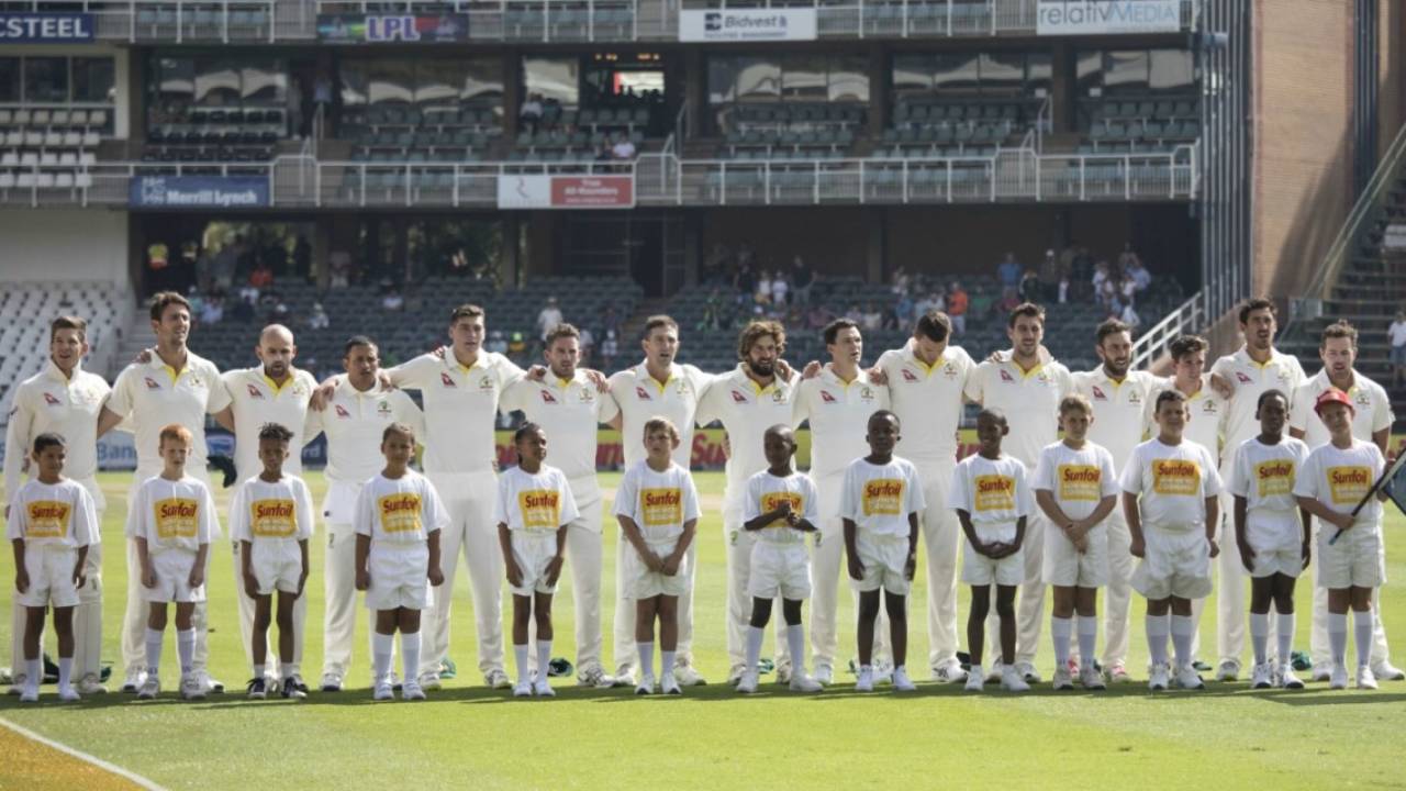 The Australian team during the national anthems, South Africa v Australia, 4th Test, Johannesburg, 1st day, March 30, 2018