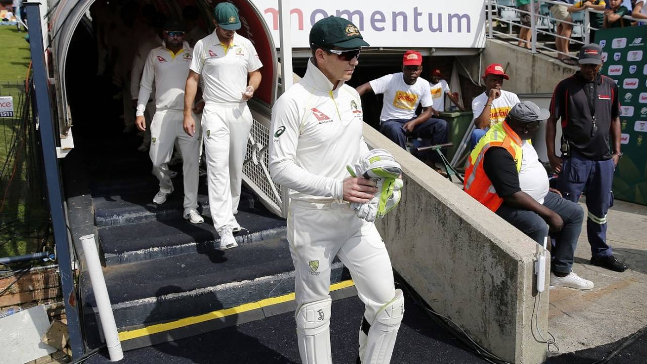Australia captain Tim Paine leads the team out, South Africa v Australia, 4th Test, Johannesburg, 1st day, March 30, 2018